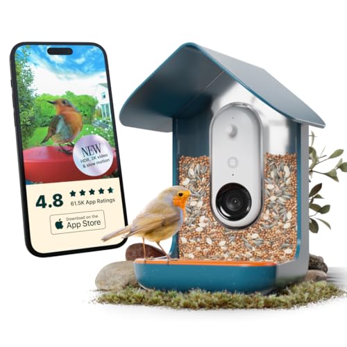 Birdbuddy PRO Non Solar Smart Bird Feeder with Camera - AI Bird Species Identification, 5MP Photos, 2K HD Video Live Stream Camera, Slow-Motion Video, 2.6in Focus - Blue - Non Solar
