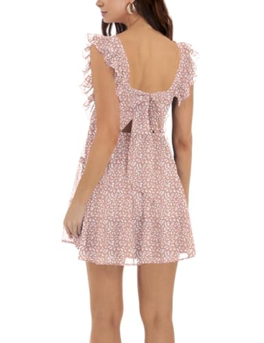 Image of Women's Summer Square Neck Tie Back Ruffle Sleeve Tiered Casual A-Line Short Mini Dress