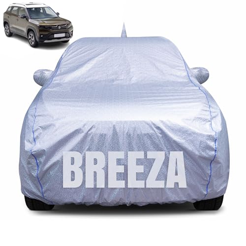 Image of 100% Waterproof Car Body Cover for Maruti Suzuki Brezza New with Mirror Pocket, Heat & UV Resistant, Triple Stitched, Soft Lining, Bottom Elastic & Piping (Silver Reflective)