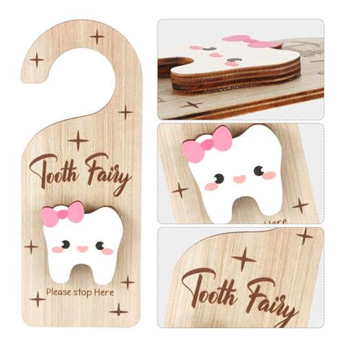 Image of Tooth Door Hanger, Wooden 3D Lost Tooth Keepsake Box with Money Holder Tooth Holder Hanging for Kids Tooth Fairy Accessories Encourage Gift for Room Decor (Girls Style)