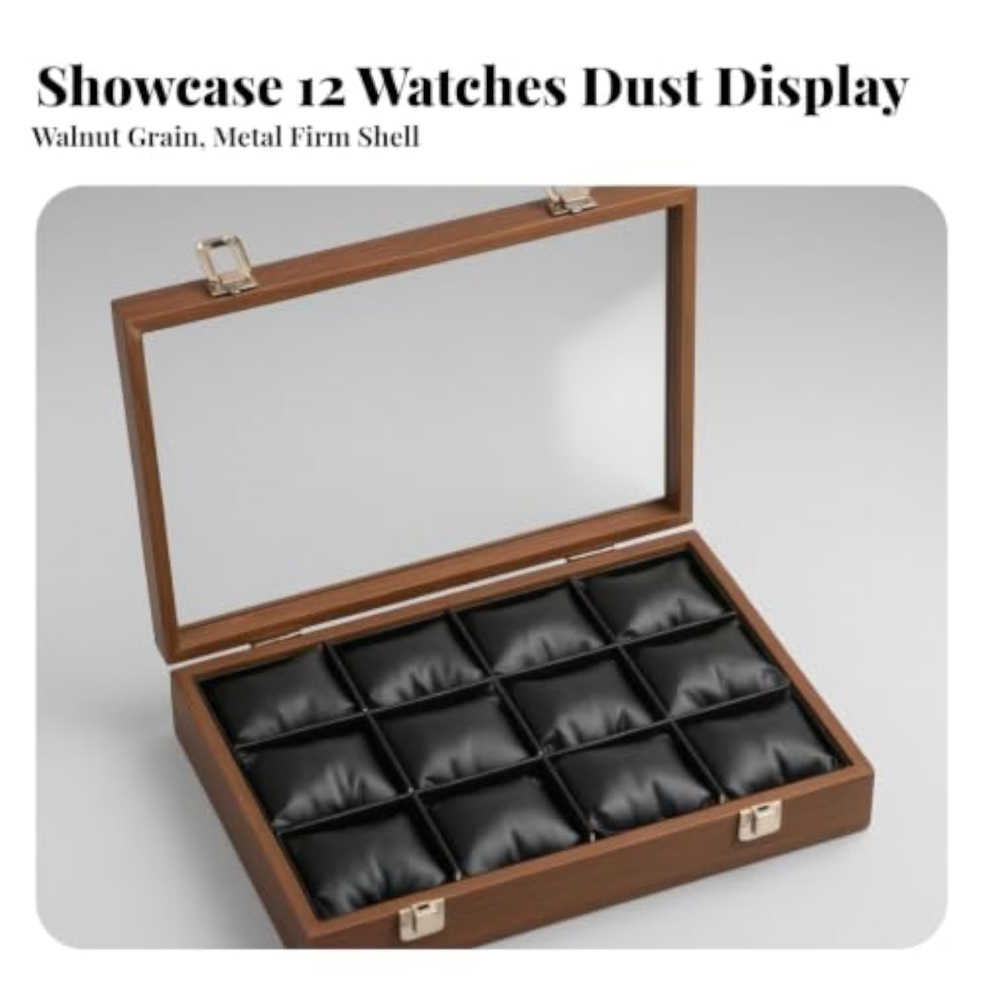 12-Slot Walnut Wood-Grain Watch Display Case, Gray