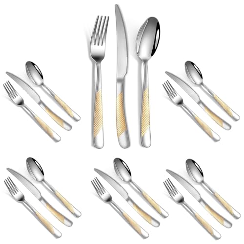 Gold and Silver Hammered Silverware Set for 6 Rustproof Stainless Steel Flatware Cutlery 18 Pcs Dinner Knife Forks and Spoons Dinning Tableware Utensils for Home and Restaurant Lunch Dinner