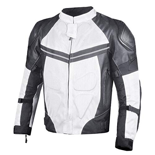 PRO LEATHER & MESH MOTORCYCLE WATERPROOF JACKET WHITE WITH EXTERNAL ARMOR L