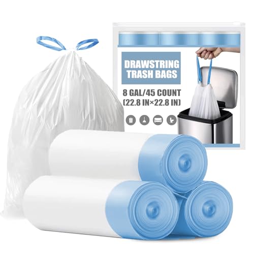Drawstring 8 Gallon Trash Bags - Tear-Free Medium Trash Bags Unscented 8 Gal Garbage Bags 45 Count