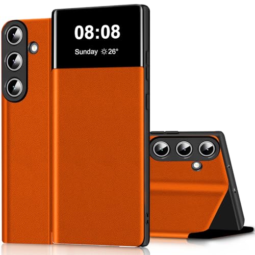 Étui cuir Galaxy S25 FE orange rabat Clear View 5G