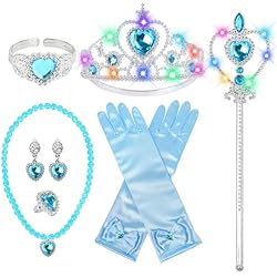 Princess Dress Up Accessories, Light Up Wand Crown 7Pcs Princess Dress Up Set with Gloves Tiara Necklace Earrings Bracelet and Ring Gift Set for 3-6 Toddler Kids Girls Cosplay Party, Blue