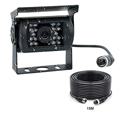 Podofo Caméra de Recul, Étanche IP68 HD IR Vision Nocturne Camera Arrière et 120 Degrés Grand Angle Antichoc avec 15M 4 Broches Câble Kit d'aide au stationnement pour Voiture Camion Bus