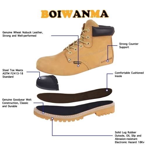 Boiwanma Work Safety Boots, 6" Work Boots For Men, Steel Leather Boots, Electronic Hazard Ankle Support Boots, Non-Slip Rubber Sole, Wheat, Size 10.5W #TOP3