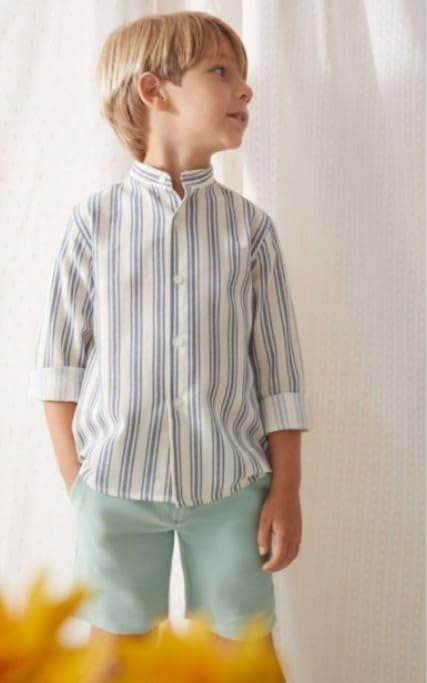 Image of A.T.U.N. (ALL THINGS UBER NICE) Boys 100% Cotton Band Collar Shirt | Soft Fabric with Button Front Style & Roll-Up Sleeves | Comfortable Casual Kids Shirt
