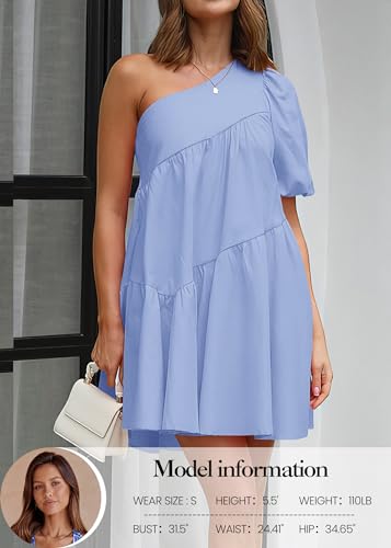 Image of KIRUNDO Summer One Shoulder Mini Baby Doll Dresses Women 2026 Casual Puff Sleeve Loose Tiered A Line Flowy Short Dress