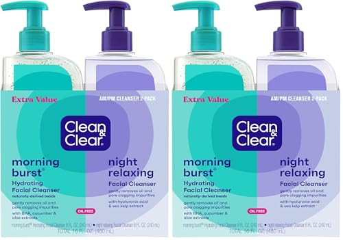 Image of Clean & Clear Morning Burst Hydrating Facial Cleanser and Night Relaxing Facial Cleanser, Deep Cleansing Face Wash, Oil-Free Daily Facial Cleanser, 4 Pack, 2 x 8 fl. oz