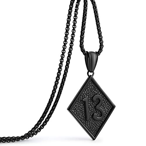 Valily Black Lucky Number 13 Necklace for Men Stainless Steel Hammered Surface with 24 Inches Box Chain Good Luck Jewelry Gift