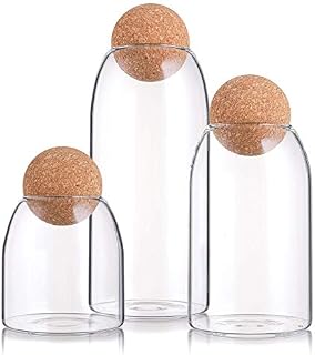 Suwimut 3 Pack Glass Jar with Airtight Cork Lid Ball, Clear Candy Jar Mason Jars Food Storage Canister with Seal Wood Cork Round Stopper for Serving Spice Sugar Salt Tea Coffee, 500ML, 900ML, 1200ML