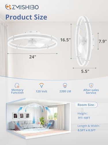 Image of ZMISHIBO 24 Inch Ceiling Fans with Lights and Remote, Modern Low Profile Ceiling Fan, 3000-6000K Dimmable Flush Mount LED Fan Light, 6 Wind Speeds, Fandelier Ceiling Fans for Bedroom- White
