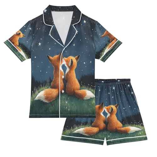ALAZA Fox Space Starry Sky Satin Pajamas Set Short Sleeve Button Down Sleepwear Summer Pjs 2 Piece