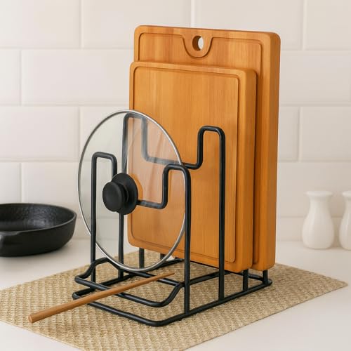 Image of Pan & Pot Lid Organizer Rack - Multifunctional Cookware for Cabinet, Pantry Chopping Board Holder, Space-Saving Kitchen Organizer, Black (L-6.25 x W-9.25 x H-9.25 Inches M-RACK)