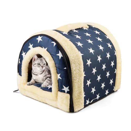 QUTHZZHY Katzenhaus Indoor, Warmes Höhlennest Katzen, 2-in-1 Katzenhaus für Drinnen, Katzenbett Höhle Hundehöhle mit Abnehmbarem Kissen, Waschbar, für Katzen & Kleine Hunde, 37x32x30cm