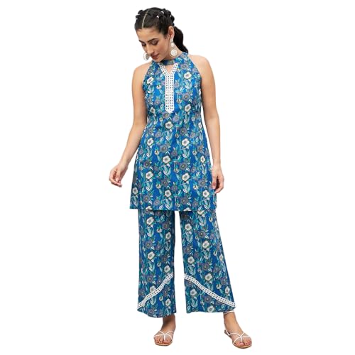 Image of Women's Floral Printed Kurti and Palazzo Set | Sleeveless Ethnic Co-Ord Set