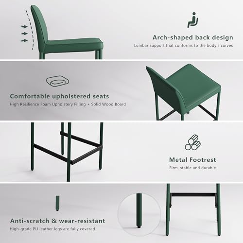 Image of YOUNIKE 26 inch H Counter Height Bar Stool with Back Single Faux Leather Modern Barstool Upholstered Comfy Bar Chair for Kitchen Breakfast Island, No Assembly, Fully Wrapped Metal Legs Green