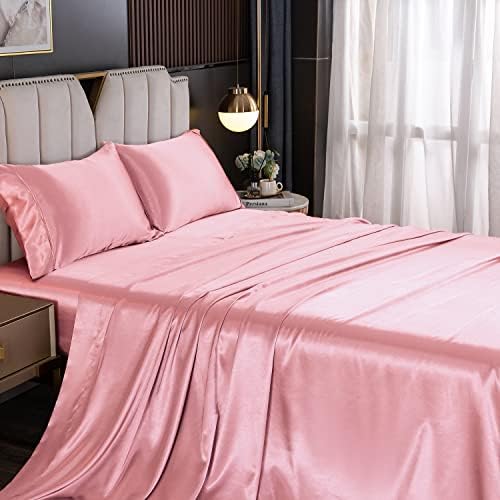 UDEAL Queen Sheet Set Satin Sheets and Pillowcase Sets Silky Soft Cooling Bed Sheets Set Deep Pocket Luxury Breathable Sheet, Wrinkle, Fade, Stain Resistant 90 GSM (4 Piece, Pink)