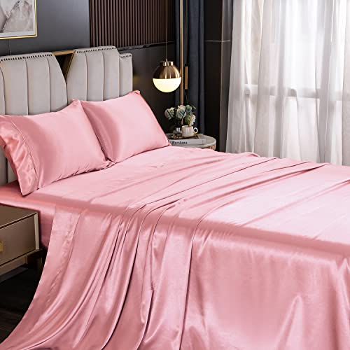 Udeal Queen Sheet Set Satin Sheets And Pillowcase Sets Silky Soft Cooling Bed Sheets Set Deep Pocket Luxury Breathable Sheet, Wrinkle, Fade, Stain Resistant 90 Gsm (4 Piece, Pink) #TOP3