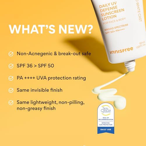 Image of innisfree Daily UV Defense SPF 50+ PA++++ Korean Face & Body Sunscreen, Broad Spectrum, Invisible Finish, No White Cast, Lightweight, Hydrating