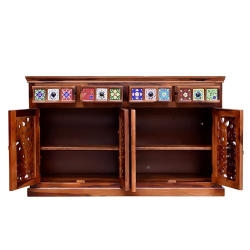 Image of SONA ART & CRAFTS CNC Solid Sheesham Wood Sideboard Cabinet Storage Organizer with 4 Drawer & Door Cabinet for Home Kitchen Living Room & Bedroom Multi Shelves Cabinets Hallway Dinning (Honey Finish)