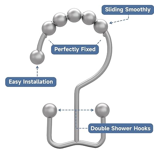 Image of Titanker Shower Curtain Hooks Rings, Rust-Resistant Metal Double Glide Shower Hooks for Bathroom Shower Rods Curtains, Set of 12 Hooks - Space Silver
