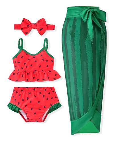 HINTINA 2T Girl Watermelon Swimsuit Toddler Little Girl Two Piece Ruffle Bathing Suit Bikini Set with Cover Up Skirt Summer Swimwear Beach Wear 2-3T
