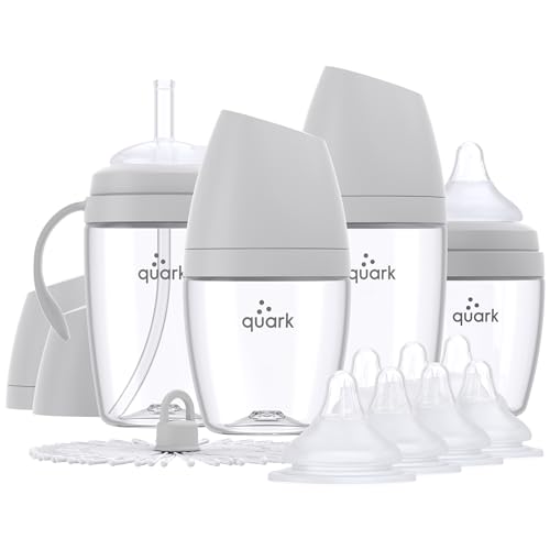 BuubiBottle Hybrid Bottle Feeding Bundle by Quark - Baby Bottle Set with Baby Bottles for Breastfed Babies from Newborn to Toddler - with RealFeel Anti Colic Nipples, Sippy Cup Conversion Kit - Gray