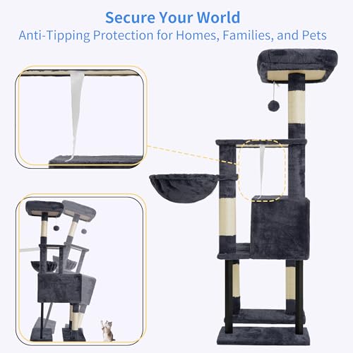 Image of Heybly Cat Tree with Toy, 49.2 inch Cat Tower for Indoor Cats HCT200SG | Spacious Cat House Condo with Hidden Space，Soft Plush Top Perch，Cozy Hammock and Sisal Scratching Posts, Smoky Gray