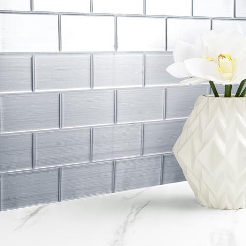 Livelynine Stainless Steel Backsplash Peel and Stick Subway Tile for Kitchen Stove Wall Cover Self Adhesive Silver Metal Back Splash Stick on Tiles 4-Tiles 12x12 Heat Resistant Wall Protector Sheet