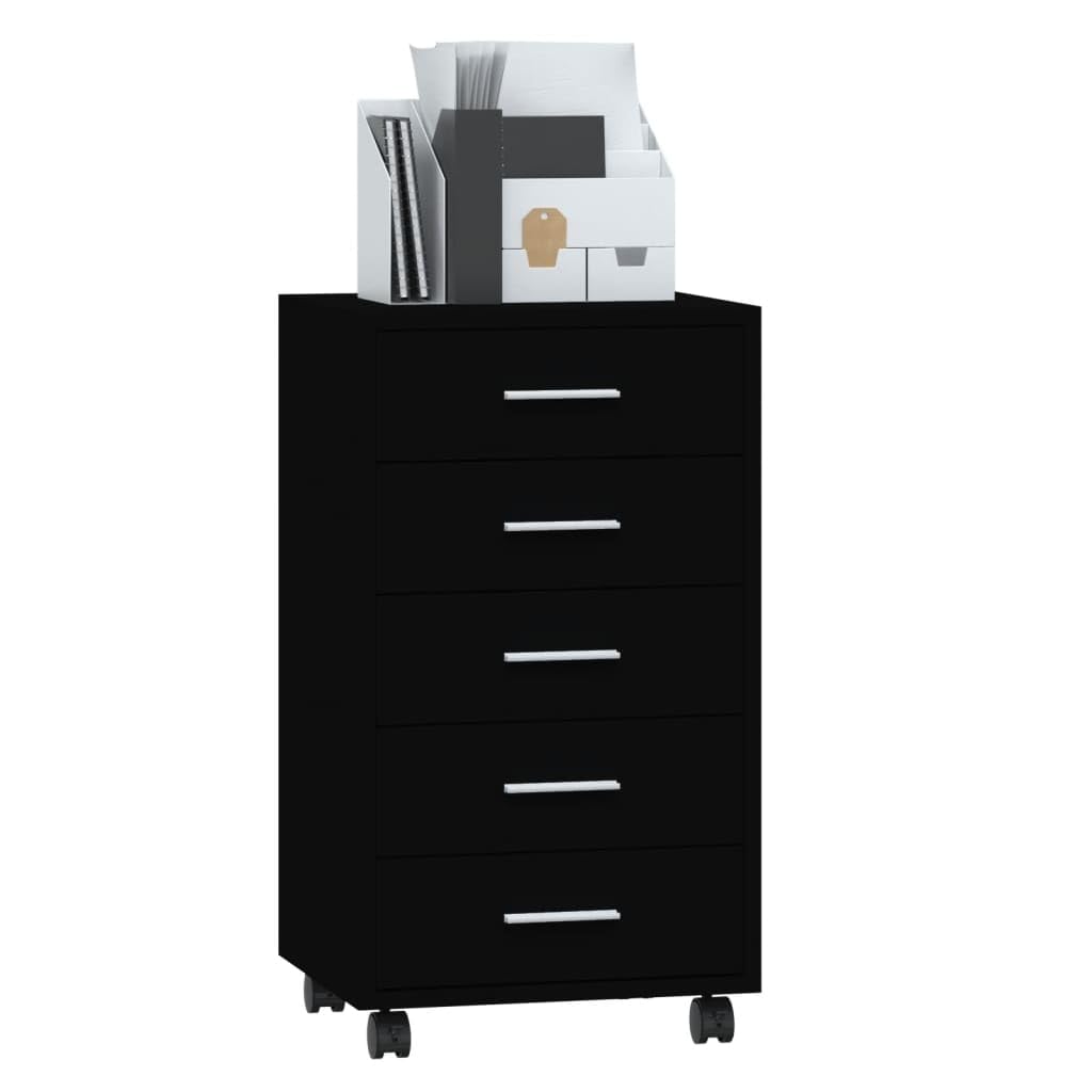 Cassettiera con ruote, in legno nero, 5 cassetti, per ufficio e casa, 33 x 38 x 63 cm