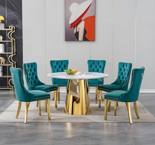 Image of 7-Piece Round Dining Table Set for 6, Modern Faux Marble Kitchen Table and Green Velvet Chairs Set of 6, Luxury 45 inch Circle White Gold Dining Room Tables with Stainless Steel Base