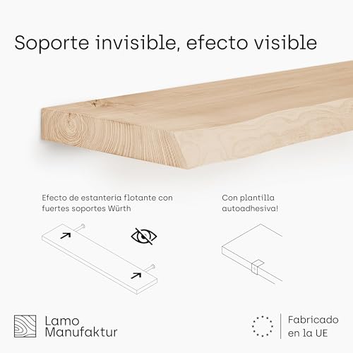 Miniatura 7 de Lamo Manufaktur Estantería Flotante Pared De Madera Con Fijación Invisible Estantería Larga 120cm Para Salón, Oficina Color: Natural, Borde: Natural Madera Maciza, Diseño Moderno