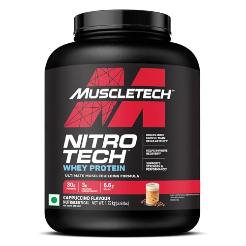 Image of MuscleTech Nitro-Tech Whey Protein, 1.72kg (3.8lbs), Cappuccino, 30g Protein, 3g creatine monohydrate, 6.7g BCAA, ultimate muscle building formula, increase strength & performance