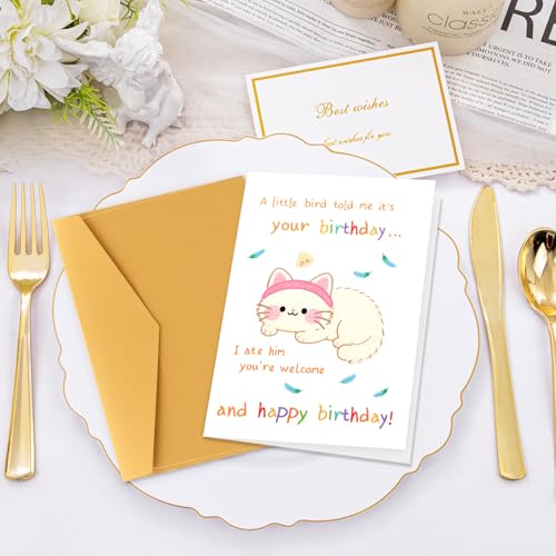 Ethanberg Funny White Cat Birthday Card, Cute Greeting Card for Cat Owner Cat Lover Cat Mom Cat Dad, Cute Cat Happy Birthday Card, A Little Bird Told Me It Is Your Birthday — view 5