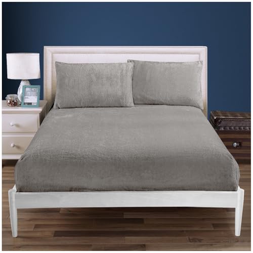 Teddy Fleece Fitted Sheet Single, Super Soft Warm & Comfortable Thermal Fur Bedsheet, Luxury Snuggly and Fluffy Fitted Bed Sheet, Winter Sherpa Fleece Thermal Bedding, Silver