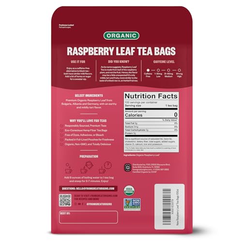 Image of FGO Organic Red Raspberry Leaf Tea Bags, 100 Eco-Conscious Tea Bags, Caffeine Free, Imported from Germany, Reseable Bag, Packaging May Vary (Pack of 1)