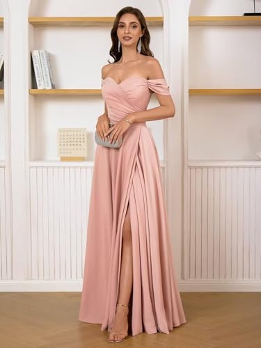 Women’s Off Shoulder Satin Bridesmaid Dress A Line Sleeveless Long Formal Party Prom Dress with Slit2