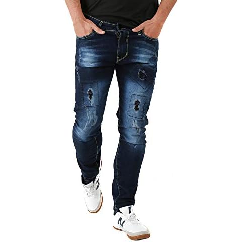Aterrisage Pantalón Vaquero Skinny Azul Oscuro Roto para Hombre Cover
