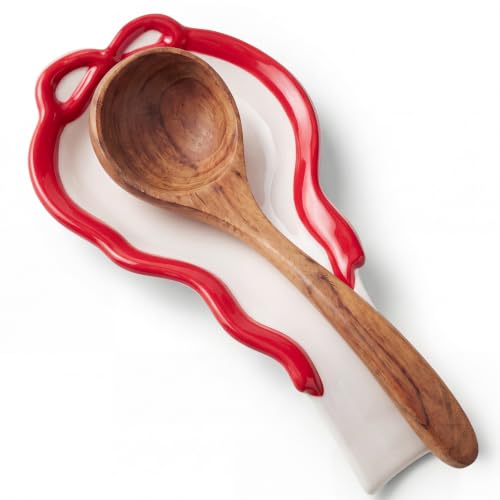 Lemonroad Red Bow Spoon Rest, Christmas Large Ceramic Spoon Holder Gift