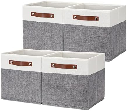 HNZIGE Fabric 11x11 Cube Storage Bins, Set of 4, Foldable Storage Cube Bin Baskets for Shelves with Handles, Bins for Cube Organizer Home Toy Nursery Closet(White Gray)