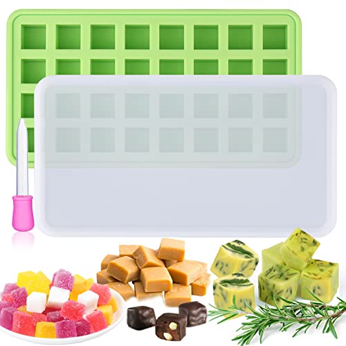 Image of AIERSA Silicone Molds for Herb-Infused Oil Cubes, 1Pcs 32 Cavity Mini Candy Gummy Tray, 5 /8x5 /8x5 /8in Square Chocolate Molds with Lids & 1 Droppers DIY Homemade Herbal Blocks, Jello, Pralines Caramels