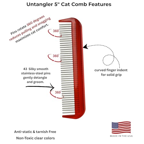 Image of Cat Comb - Ferrari Red, 5 inch - Silky Smooth Rotating Teeth for Gently Detangling Matted Cat Hair, Stimulates Natural Oil Production, Stainless Steel, Made in USA, Vet Recommended