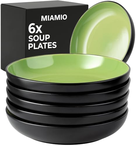 MIAMIO – 900 ml / 22 cm Set of 6 Pasta Bowls/Salad Bowls, Pasta Plates Wide and Shallow Bowl, Large Ceramic Stoneware Deep Plate Serving Soup - Le Papillon (Green)