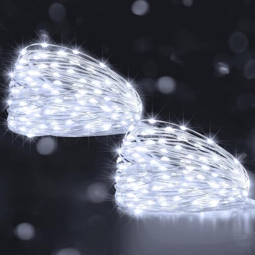 Ollny 2 Packs 10m 100LED Fairy Lights Battery Operated, Waterproof Copper Wire String Lights for Indoor Outdoor Lighting, Christmas Tree Bedroom Outside Party Bottle Wedding Decorations(Cool White)