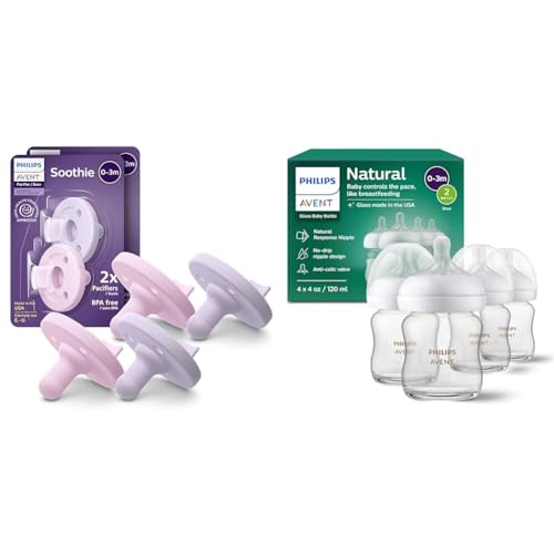 Bundle of Philips Avent Soothie Baby Pacifiers, 0-3 Months, 4 Pack; + Philips Avent Natural Glass Baby Bottles, 4oz, 4-Pack.