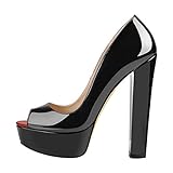  Only maker Damen Plateau High Heels Elegante Peeptoes Pumps Blockabsatz Lack Optik Schwarz 40 EU