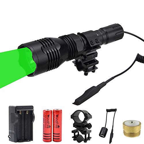 WindFire Waterproof 350 Lumens 250 Yards Green LED Coyote Hog Fox Predator Varmint Hunting Flashlight with Red Light LED Bulb Module Pressure Switch & Barrel Mount & Spare 18650 Battery and Charger